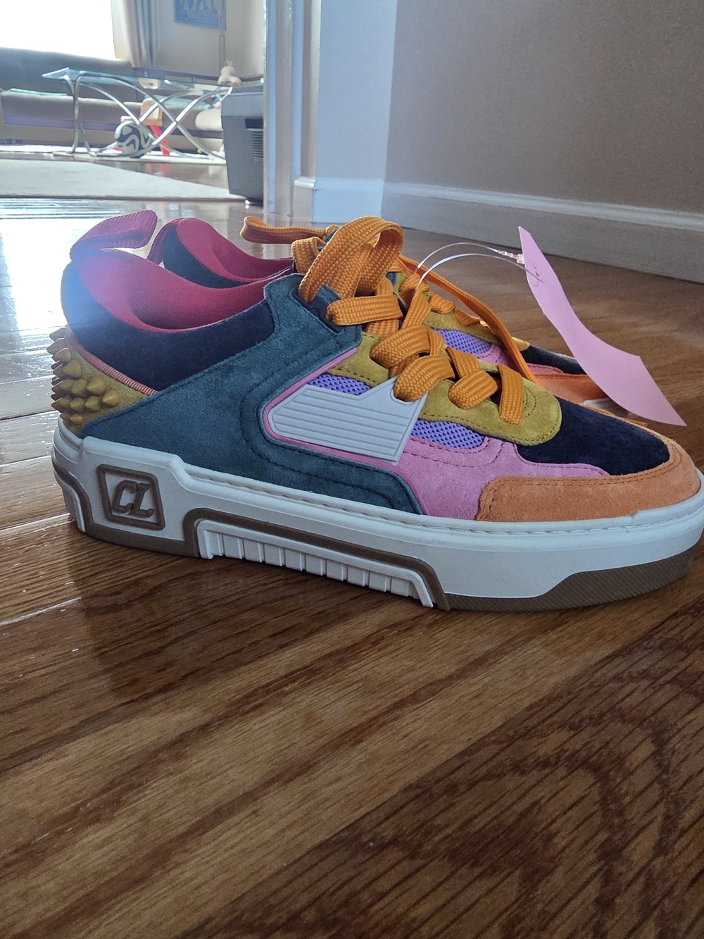 Christian Louboutin Multicolor Suede & Mesh Low-Top Sneakers with Orange Laces